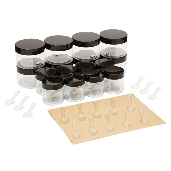 16 Pack 2 Sizes Clear Plastic Jars with Lids Label Spatulas for Makeup, Kitchen