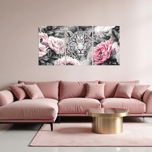 3 Set Leopard Wall Art Canvas Wildlife Animal Print Decor Picture Black and White Leopard Pink Eye Pink Poeny Flower Painting Poster Modern Artwork for Woman Living Room Bedroom(Ani-02,12"x16"x3)