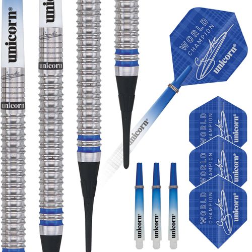 Unicorn Soft Tip Darts Set | Gary 'The Flying Scotsman' Anderson Phase 3 World Champion | 90% Natural Tungsten Barrels with Blue Accents | 20 g