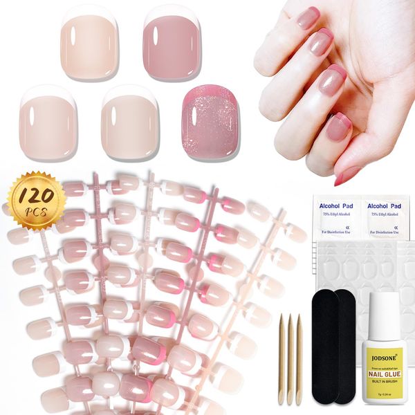 JODSONE 5 Style French Tip Press On Nails Short with Nail Glue,120Pcs Acrylic False Nail Kits 2 IN 1 Press on Nails * False Nail Tips for Nail Extension DIY