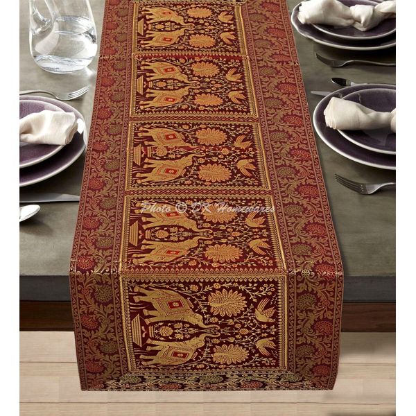 Ethnic Brocade Dining Table Runner Maroon 5 Ft Elephant Reception Table Cover