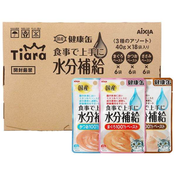 Tiara Health Can, Pouch, Hydration, Cat Food, Variety Pack, Tuna Paste, Bonito Paste, Scissors Paste, Pack of 18 (3 Types x 6 Each)