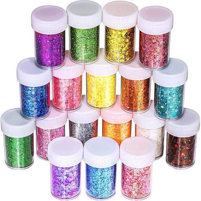 LEOBRO Chunky Glitter 18 Bottles Craft Mix Craft Holographic Iridescent Glitters For Fine Resin Bulk Tumbler Nail Jewelry DIY Art Total 270g 5709608683