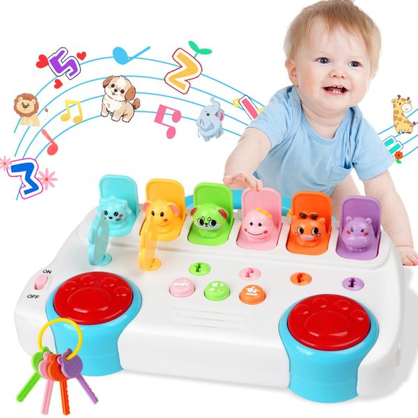 Interactive Pop Up Animal Toys with Music & Light, Toddlers Montessori Early Learning Activity 6-9-12-18 Months Baby Sensory Toy for 1 Year Old Boy Girl Age 2-4 Cause and Effect Toys (Blue)