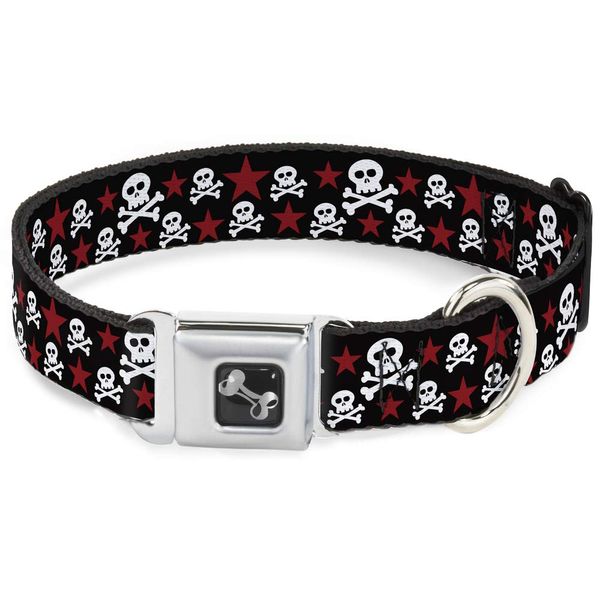 Buckle-Down Seatbelt Buckle Dog Collar - Skulls & Stars Black/White/Red - 1" Wide - Fits 11-17" Neck - Medium