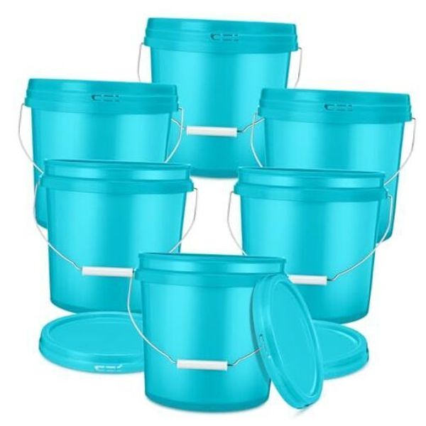 6 Pcs 2 Gallon Plastic Bucket Pail Container with Lid Heavy Duty Sky Blue