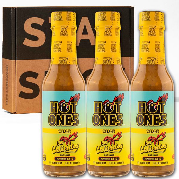Hot Ones Los Calientes Verde Hot Sauce Made With Natural Ingredients & Fiery Flavors From Green Serrano Peppers, Orange Habanero & Apricot, 5 fl oz Bottles (3-Pack)