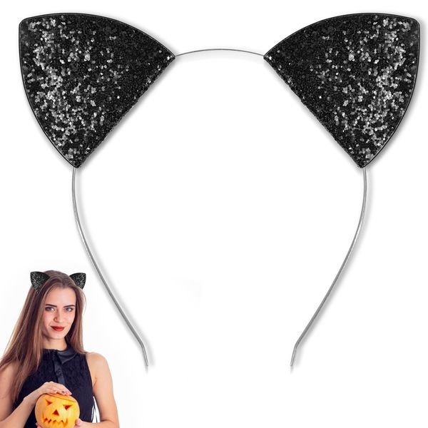 U-Goforst Black Cat Ears Headband Adult, Glitter Black Cat Costume for Women Girls, Halloween Cat Ears Fancy Dress Cat Woman Cosplay Accessories