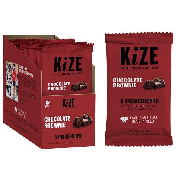 KiZE Vegan Energy Bar, Chocolate Brownie, Plant-Based Snack, 8 Ingredients, 6g Plant-Based Protein, Clean & Simple Real Food, Gluten Free, Non-GMO, Soy Free, Mission Based, Made in The USA (10 Count)