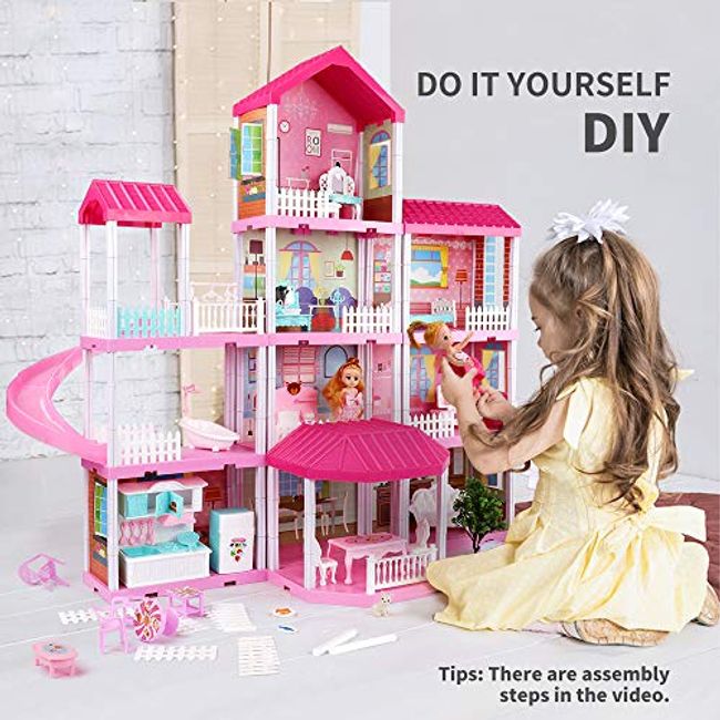 Doll House Dream House Furniture Pink Girl Toys with 3 Dolls Toy Figures  Slide