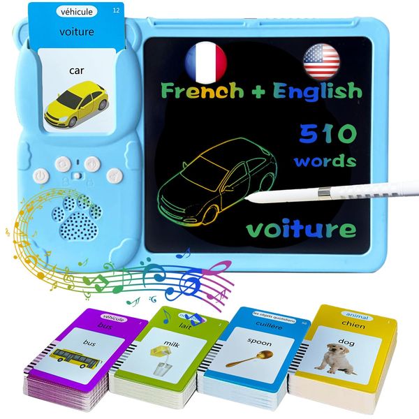 KILOGOGRAPH LCD Writing Tablet for Kids 3-12 - Talking English French Flash Cards, Bilingual 510 Sight Words, Toddler Pocket Speech, Learning Drawing Pad Board, Autism Toys for Children Boys (Blue)