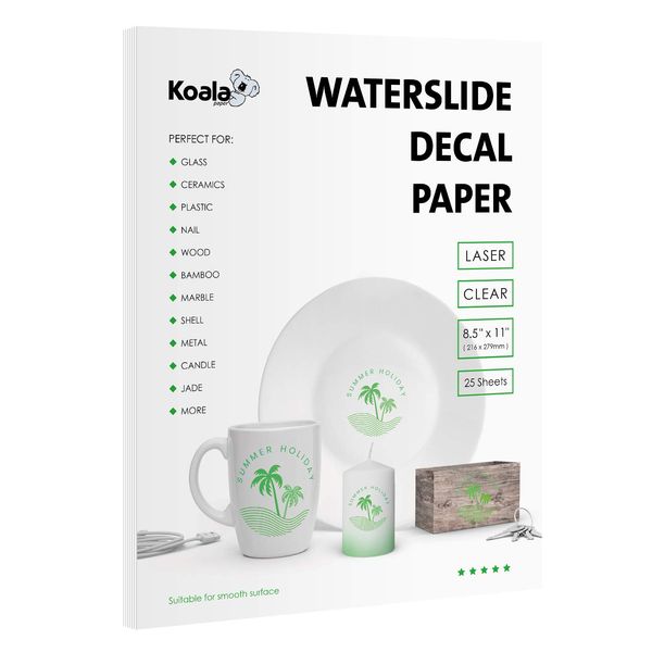 Koala Waterslide Decal Paper for Laser Printer - Clear Transparent - 25 Sheets Printable Water Slide Transfer Paper - 8.5x11 Inches