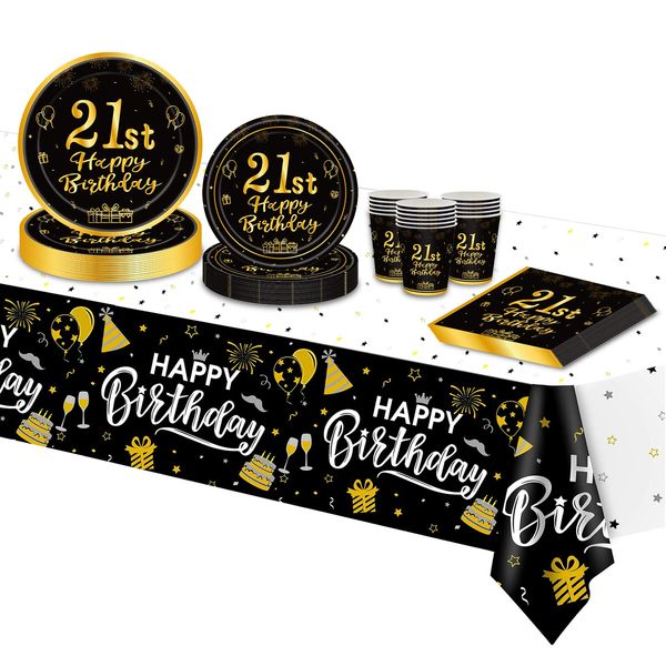 TOPWAYS Black Gold 21st Birthday Decorations Party Tableware Set, Disposable Paper Party Plates Cups Napkins Tablecloth for Girls Boys 21 Birthday Party Decorations Table Supplies (16 Guests)