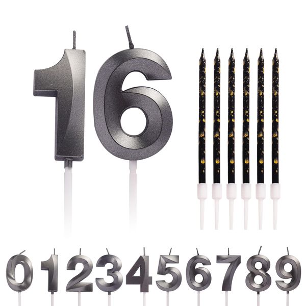 Black 16th Birthday Candle Number 16 Candles for Birthday Cake with Black Long Candles, Age 16 Birthday Candles for Cake, 16 Year Birthday Cake Topper Decorations for Girl Boy Birthday Black