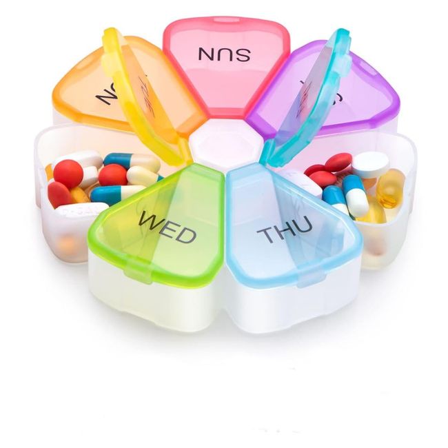 Portable Weekly Pill Box Organiser,Petal Shaped Travel Pill Case Easy to Open 7 Day Premium Quality Tablet Box for Vitamins Fish Oils Supplements and Medicine