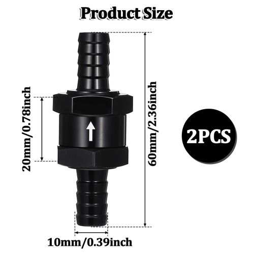 3/8" Fuel Check Valve, 2PCS Aluminum Alloy Fuel One-Way Check Valve for Fuel Line, Applicable to Automobile and Ship Fuel Systems(Black)