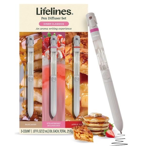 Lifelines Pen Diffuser Set, Diner Classics 3-Pack - 1mm Black Ballpoint Pens with Scented Essential Oil Blends – Aromatherapy Diffuser & Sensory Immersion Diffuse Aroma As You Write