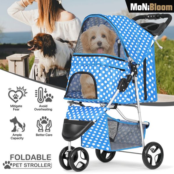 3 Wheels Foldable Pet Stroller Dog Stroller Portable Travel Carrier w/Cup Holder