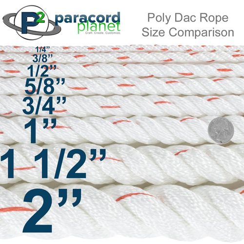 Twisted 3 Strand PolyDac Combo Utility & Towing Rope - White with Red Tracer – 3/8, 1/2, 5/8, 3/4, 1, 1-1/2, & 2 inch Diameters in 10, 25, 50, 100, 250, 300, 500, & 600 Feet