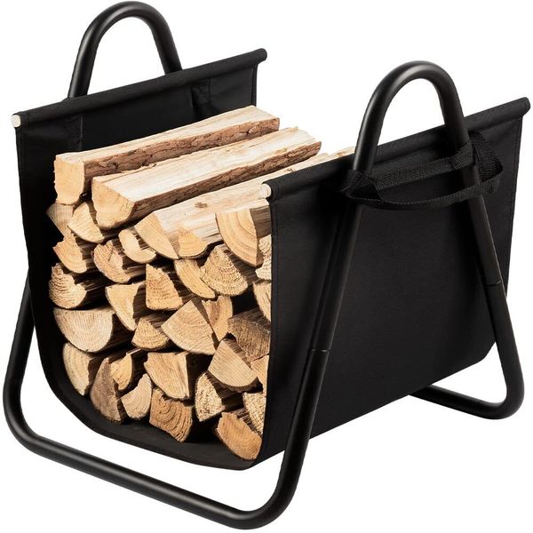 Fireplace Log Holder with Canvas Firewood Rack Indoor Tote Carrier Metal Wood...