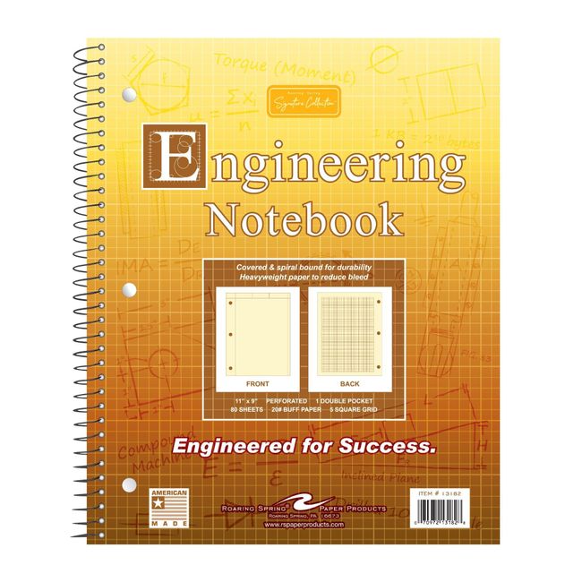 Roaring Spring Signature Collection 5x5 Grid Spiral Bound Engineering Pad, 20# Buff, 3 Hole Punched, 11" X 9" 80 Sheets, Buff Paper