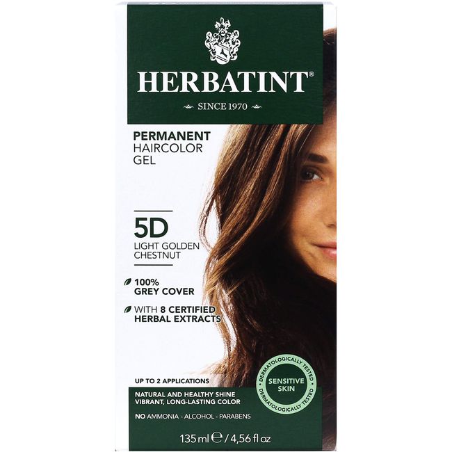 Herbatint Permanent Haircolor Gel, 5D Light Golden Chestnut, Alcohol Free, Vegan, 100% Grey Coverage - 4.56 oz