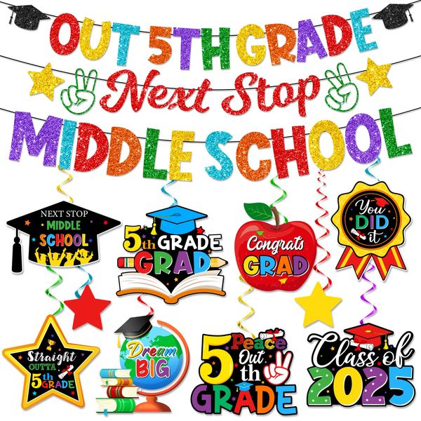 Fifth Grade Graduation Decorations-5th Grade Graduation Banner,Elementary School Classroom Party Decorations,2025 School Sign Hanging Swirls Supplies for Boys & Girls