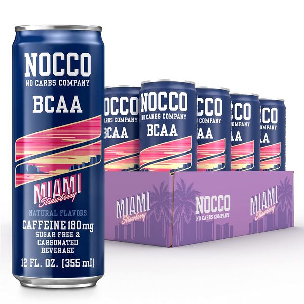 NOCCO - BCAA Sugar Free Energy Drink - 12 Low Calorie, Pre Workout Beverages - Refreshingly Carbonated, Great Tasting Energy Drinks With 180 mg Caffeine (Miami, 12-Pack)