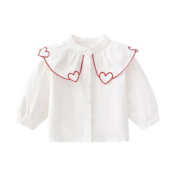 Baby Girl 1pcs Heart Neck Crystal Button Front Design Solid Cotton Shirt - 80 (9-12M) / White