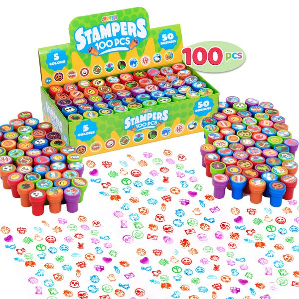 100 Pcs Assorted Stamps for Kids Self-Ink Stamps (50 Different Designs, Dinosaur, Zoo Safari Stampers) for Party Favor, Carnival Prizes, School, Easter Egg Stuffers, Halloween, Christmas