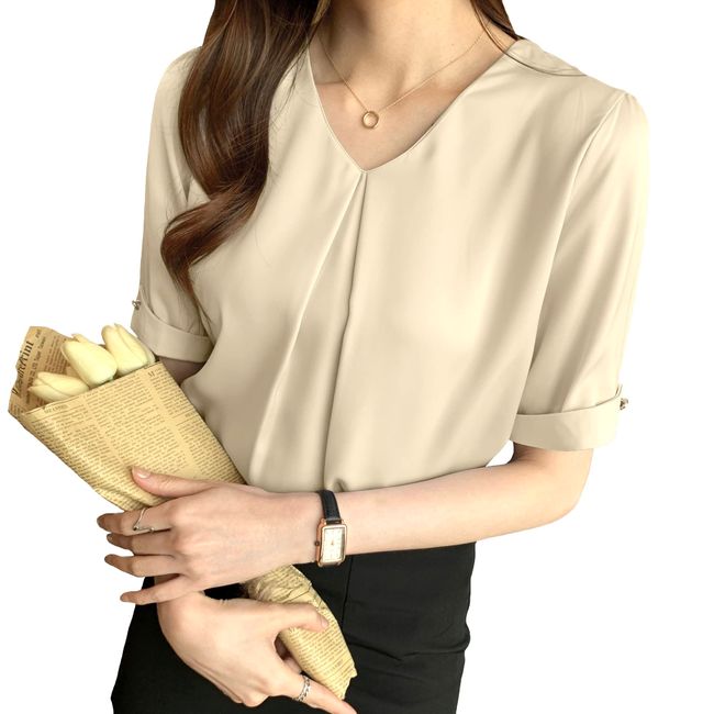 Bolan Verl Women's Fashion Blouse, Office, White, Short Sleeve, Shirt, V-Neck, White Blouse, Loose, Pretty, Plain, Casual, Office Clothes, Summer, Office Work, Office Wear, Short Sleeve Cream