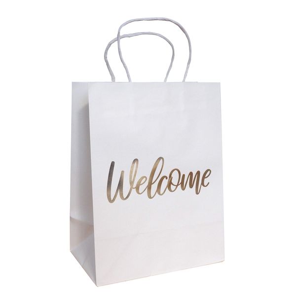 Wedding Welcome Bags - 24 Piece Elegant Wedding Gift Bags with Word ‘’Welcome’’ Embossed in Gold Foil Letters - 4.75" x 8" x 10.25" Inches - White (Pack of 24)