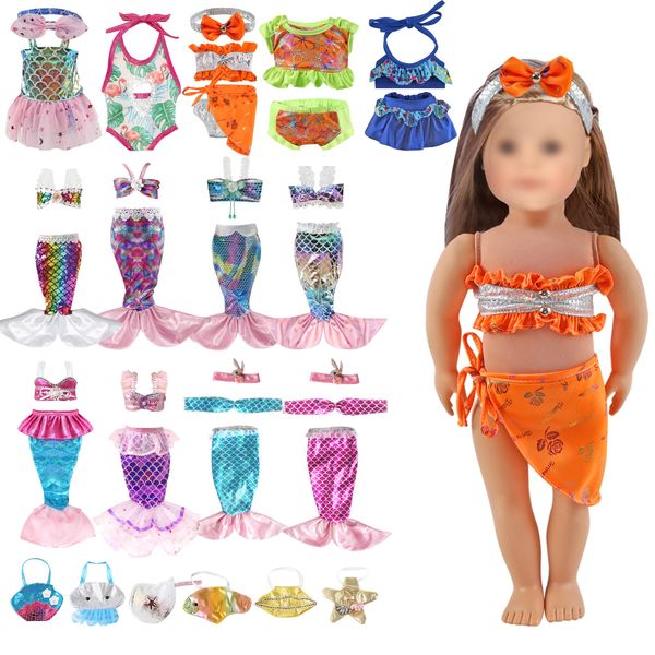 13 Set 18 Inch Doll Clothes and Accessories inlcude 5 Set Bikini Swimwear Swimsuits and 8 Set Mermaid Shinning Dress Outfits Bikini Hat with Handbag Dolls Accessories for Girls Gift