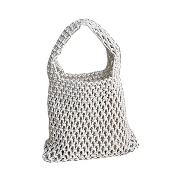 Woven Basket Bag, Basket Bag, Women's, Basket, Shoulder Bag, Handbag, Lunch Bag, Lunch Tote, Small, Lightweight, Mini Bag, Drawstring Included, Bottom Polyurethane Material, Luxurious (White)