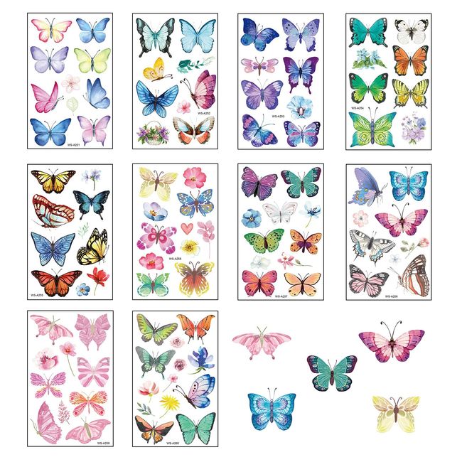 10 Blätter Aquarellmalerei eines Schmetterling Tattoo Kinder, Wasserfeste temporäre Tattoo-Aufkleber, Perfektes Partyzubehör und Geschenke für Kindergeburtstage