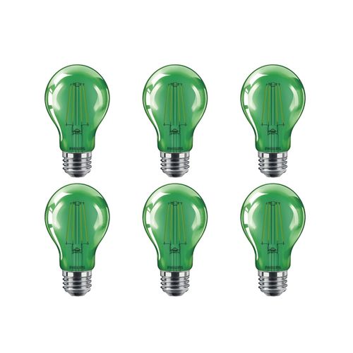Philips LED 538249 A19 Party Bulbs: Filament Glass, 4-Watt (40-Watt Equivalent), E26 Medium Screw Base, Green Light, 6-Pack