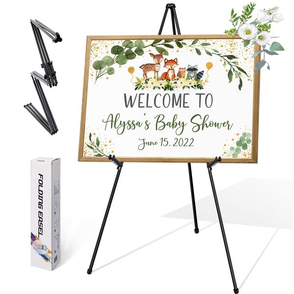 VAIIGO 63" Easel Stand for Wedding Sign Poster Display Easel Floor Adjustable Metal Black Art Easel Instant Folding Tripod Easel for Painting Canvas Wedding Welcome Sign Stand, 1Pack