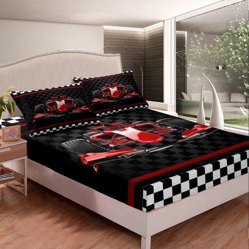 Castle Fairy 3D Red Formula Car Bed Sheet Set Home Decor Extreme Sports Sheet Sets Deep Pocket,Red Stripes Geometric Grid Plaid Mattress Cover,Twin Size with 1 Pillowcase No Flat Sheet