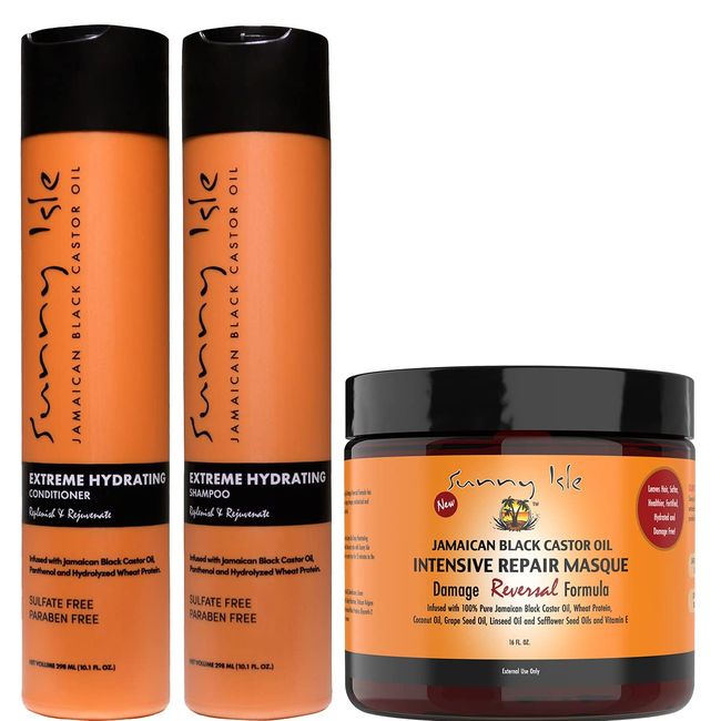 Sunny Isle Jamaican Black Castor Oil Extra Dark Shampoo + Conditioner 12oz + Intensive Repair Masque 16oz "Combo"