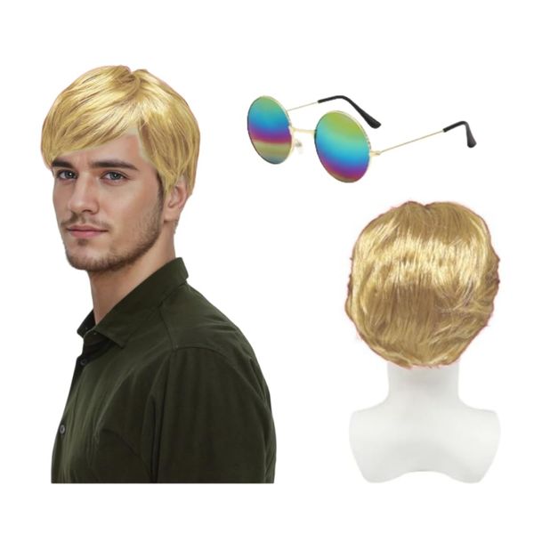 SDXCJY 2pcs Mens Wig Gold Wig Short Wig with Sunglasses Men's F 60s Punk Wig Disco Short Curly Fluffy Costume Wigs for Men Costume Accessories for Party Punk Carnival. (gold)