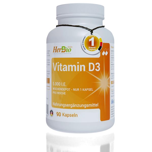 HerbBio Vitamin D3 hochdosiert 90 vegetarische Kapseln reich an 5.000 i.E - 2 Jahren Vorrat - Vitamin d hochdosiert - Unterstützung von Knochen, Muskeln und Immunsystem - Hergestellt in Deutschland