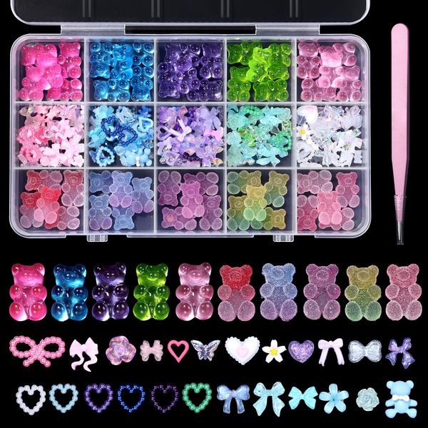 3D Candy Bear Nail Charms, 10 Styles Cartoon Bears Nail Charms, Mix Assorted Pink Blue Purple Acrylic Flowers Butterfly Bowknots Heart Pearls Cute Nail Charms for Nail Art DIY Decor with Pickup Tools