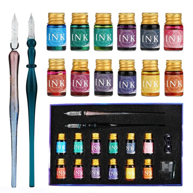 Mancola Pen 2*Main Body Ink Glass Dip Pen Ink Set Rainbow Crystal Glass Pen, 12 Inks for Art, Writing, Signature, Calligraphy and Decoration MA-JP-16