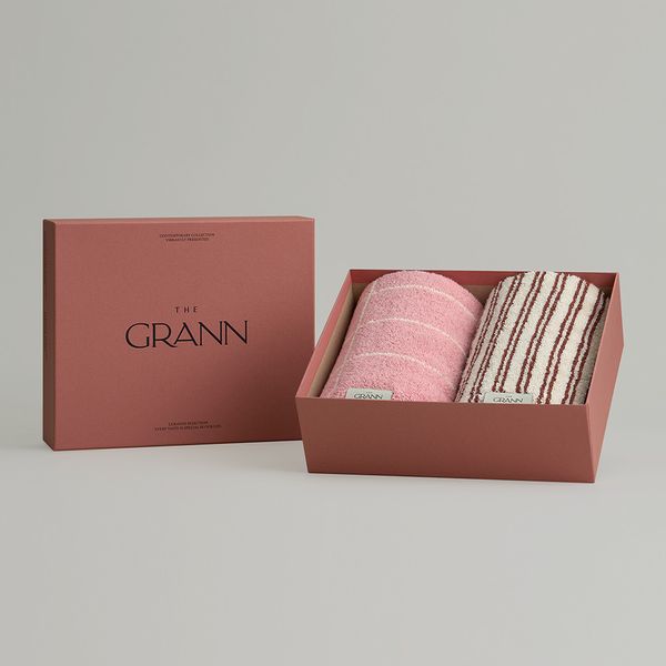 [Exclusive] [Gift Wrapping] Soft Pink Check &amp; Brown Stripe (2P) Gift Set - Gran Signature Face Towel