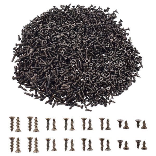 SUPERFINDINGS 1600PCS 4mm 4 Größen Antik Bronze Kreuzschlitzschrauben Eisen Flachkopf Selbstschneidende Schrauben Holzschraube Elektronisches Zubehör