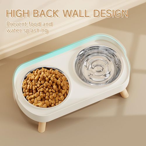 Elevated Cat Bowl, Raised Cat Food and Water Bowl Set for Indoor Cats, Splash Proof with 2 Stainless Steel Pet Food Bowls for Cats and Puppies, Whisker Fatigue and Dishwasher Safe - White