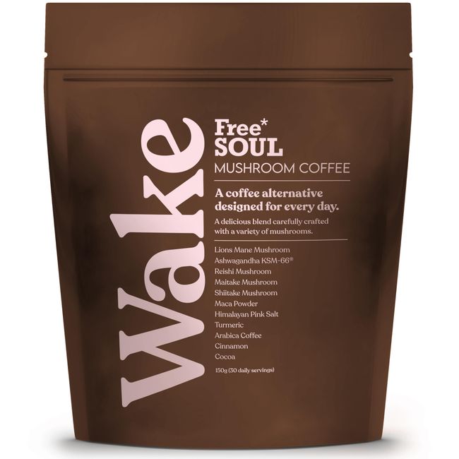 Free Soul Wake Mushroom Coffee with Lion’s Mane & KSM-66® Ashwagandha – Advanced Functional Mushroom Blend with Superfoods & Ayurvedic Herbs | Lower Caffeine Coffee Alternative | 30 Servings