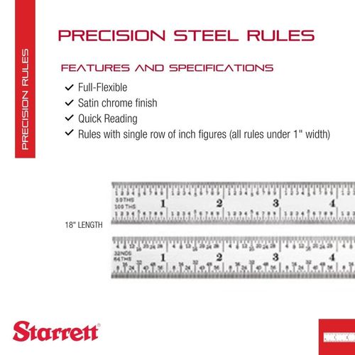 Starrett Full Flexible Steel Rule with Satin Chrome Finish, Quick Reading, and Inch Graduation - 16R Graduation, 18" Length, 1/50" Thickness - C316R-18