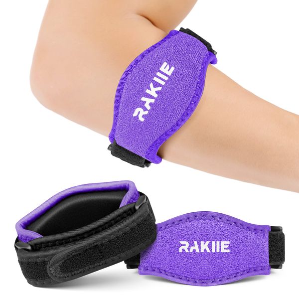 Rakiie Elbow Brace 2-Pack for Tennis and Golf Elbow Pain Relief, Adjustable and Versatile for Men and Women with Velcro (Purple)