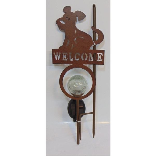 Dog Pet Sign Welcome Walkway Lights Up Solar Glass Globe Metal Cut Out Lawn 30"